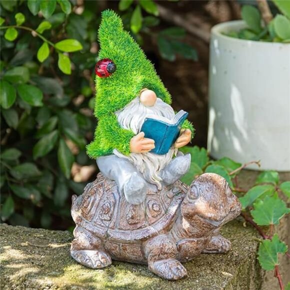 Garden Gnome Sitting on Turtle Outdoor Statues and Sculpture with Solar Lights - Picture 7 of 7
